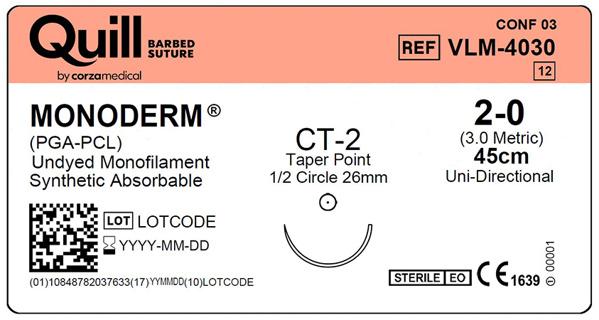 Монодерм (Monoderm), незабарвлений, 2-0,45см (cm), колюча голка (Taper Point), CT-2 (26мм (mm) 1/2 кола), односпрямований